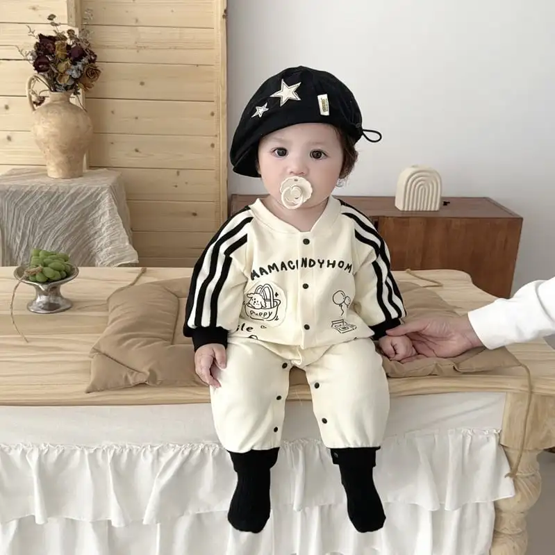 【66-100cm】ストライプ袖 ロンパース