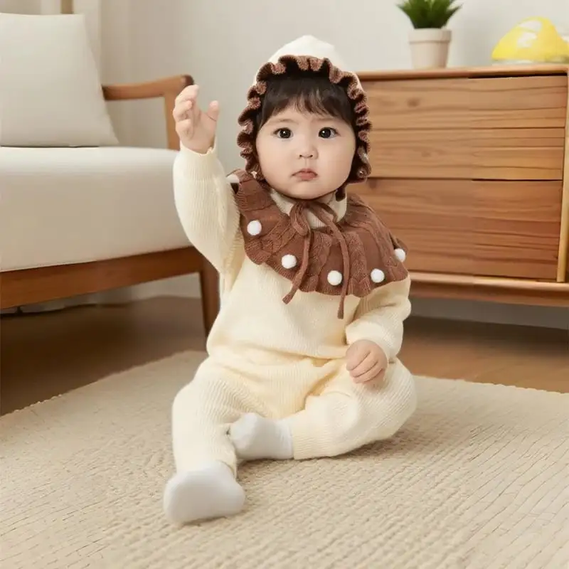 【66-90cm】フリル襟暖かいオールインワン&帽子