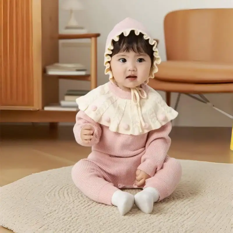 【66-90cm】フリル襟暖かいオールインワン&帽子