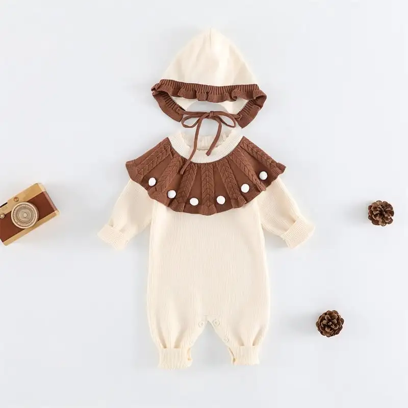 【66-90cm】フリル襟暖かいオールインワン&帽子