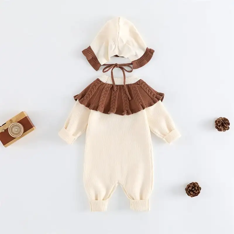 【66-90cm】フリル襟暖かいオールインワン&帽子