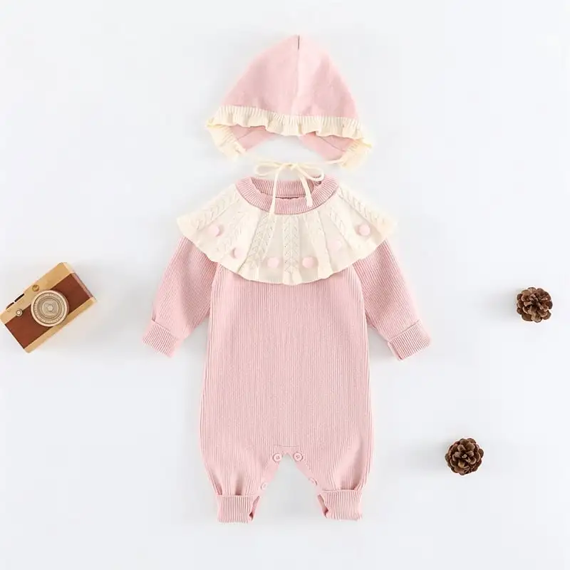 【66-90cm】フリル襟暖かいオールインワン&帽子