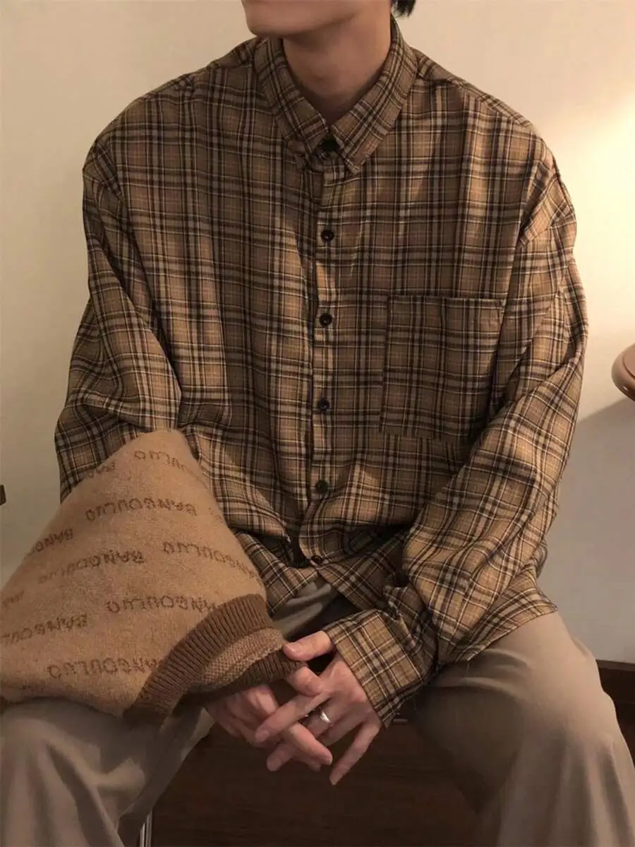 レトロ チェック 長袖 シャツ ゆったり カジュアル シャツコート