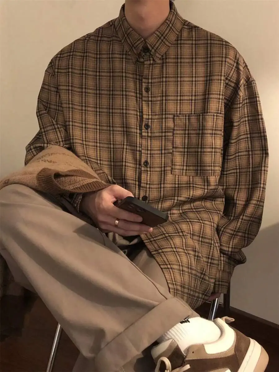 レトロ チェック 長袖 シャツ ゆったり カジュアル シャツコート