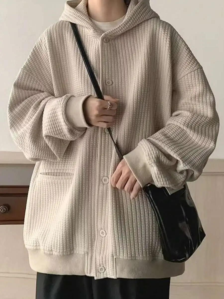 長袖 ビッグシルエット 前開き 無地 ボタン ゆったり シンプル フード付き ジャケット