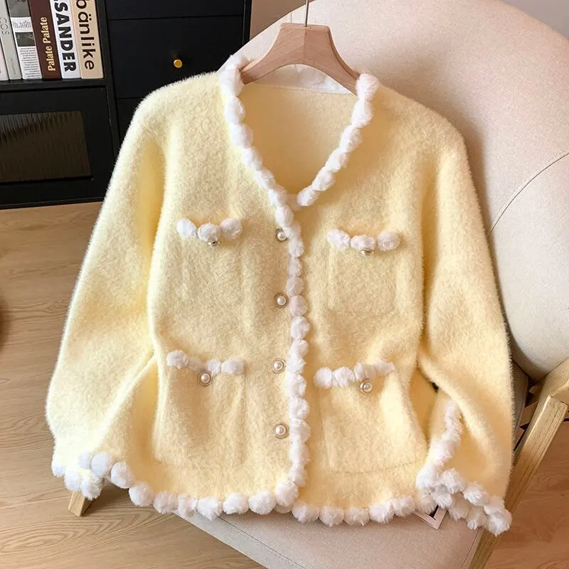 トップス セーター ミンク風 シングルブレスト スウィート 長袖 ホワイト イエロー