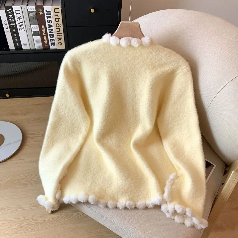 トップス セーター ミンク風 シングルブレスト スウィート 長袖 ホワイト イエロー