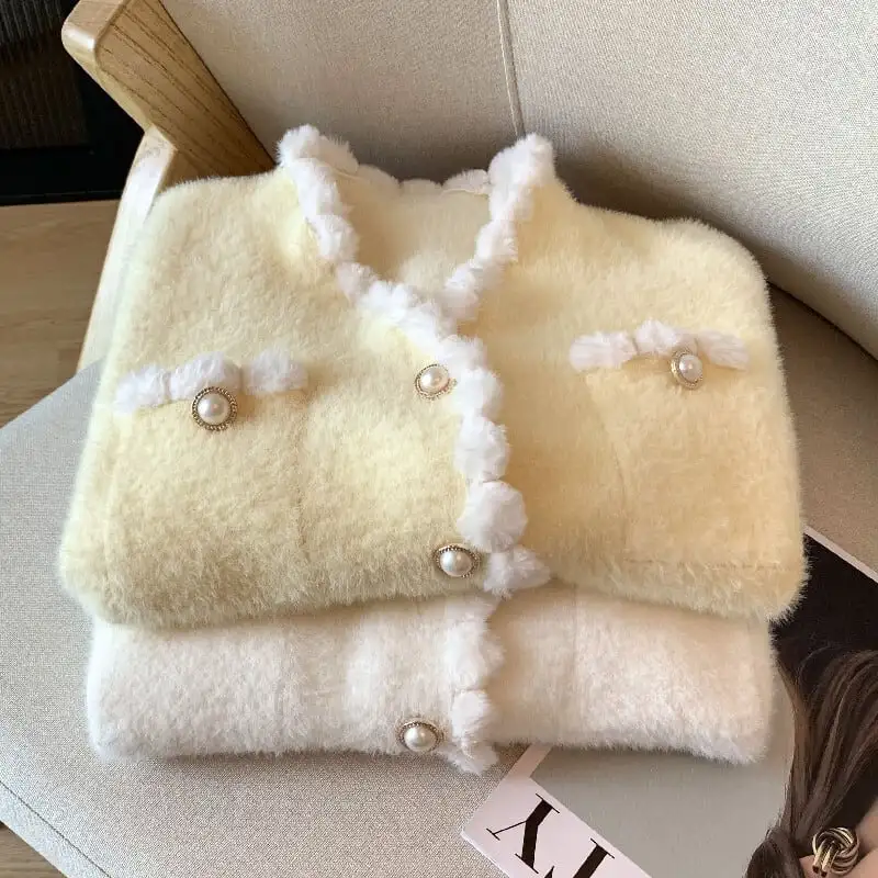 トップス セーター ミンク風 シングルブレスト スウィート 長袖 ホワイト イエロー