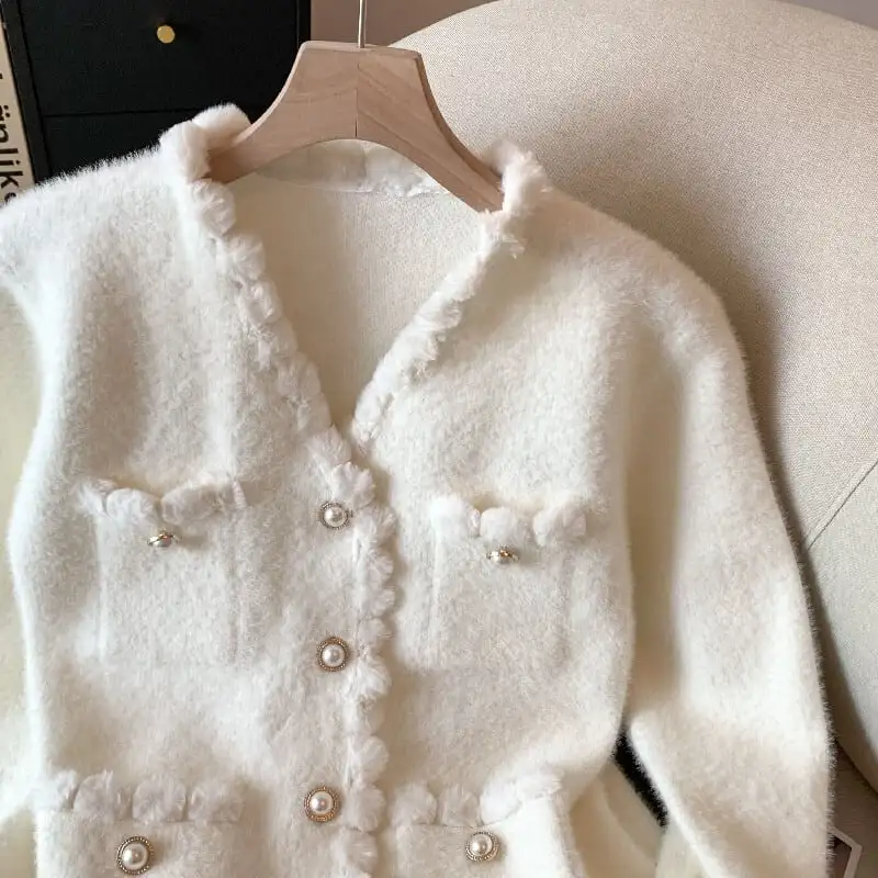 トップス セーター ミンク風 シングルブレスト スウィート 長袖 ホワイト イエロー