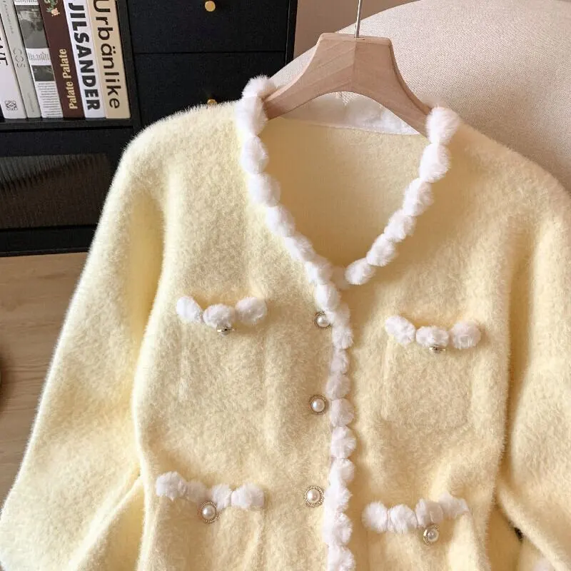 トップス セーター ミンク風 シングルブレスト スウィート 長袖 ホワイト イエロー