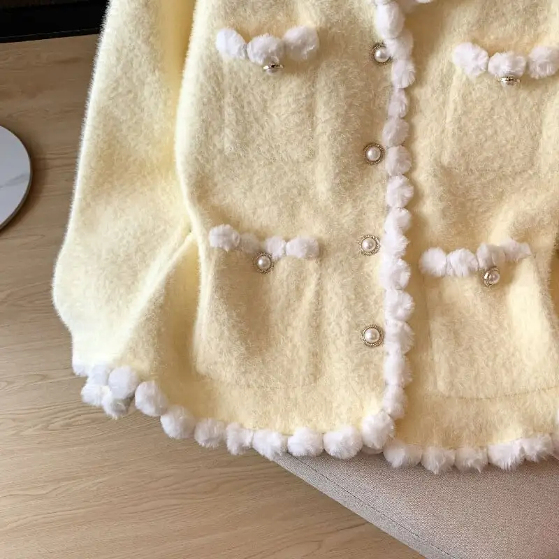 トップス セーター ミンク風 シングルブレスト スウィート 長袖 ホワイト イエロー