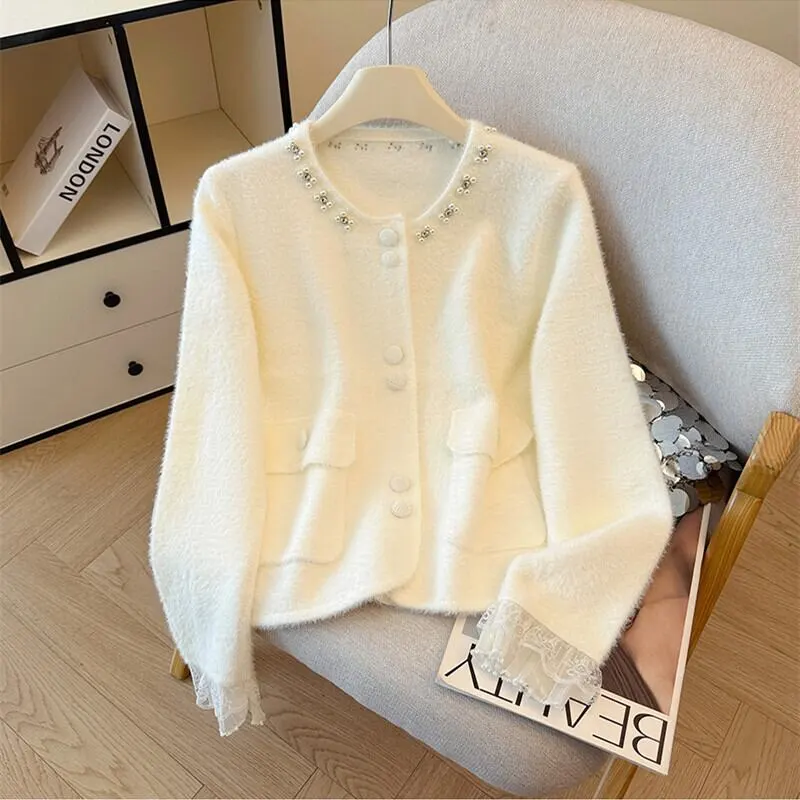 4colors トップス セーター ミンク風 シングルブレスト ラインストーン