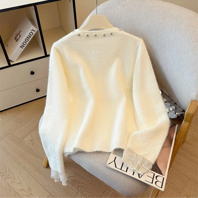 4colors トップス セーター ミンク風 シングルブレスト ラインストーン