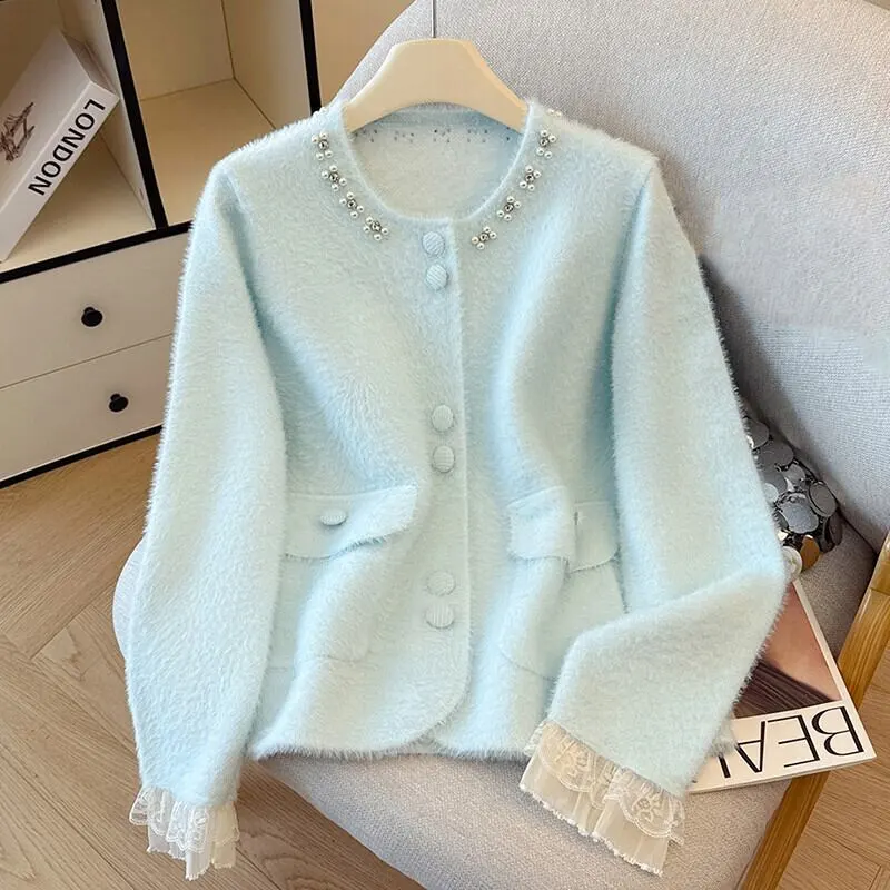 4colors トップス セーター ミンク風 シングルブレスト ラインストーン