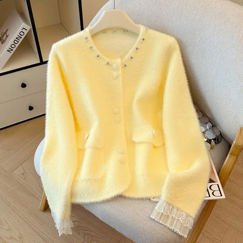 4colors トップス セーター ミンク風 シングルブレスト ラインストーン