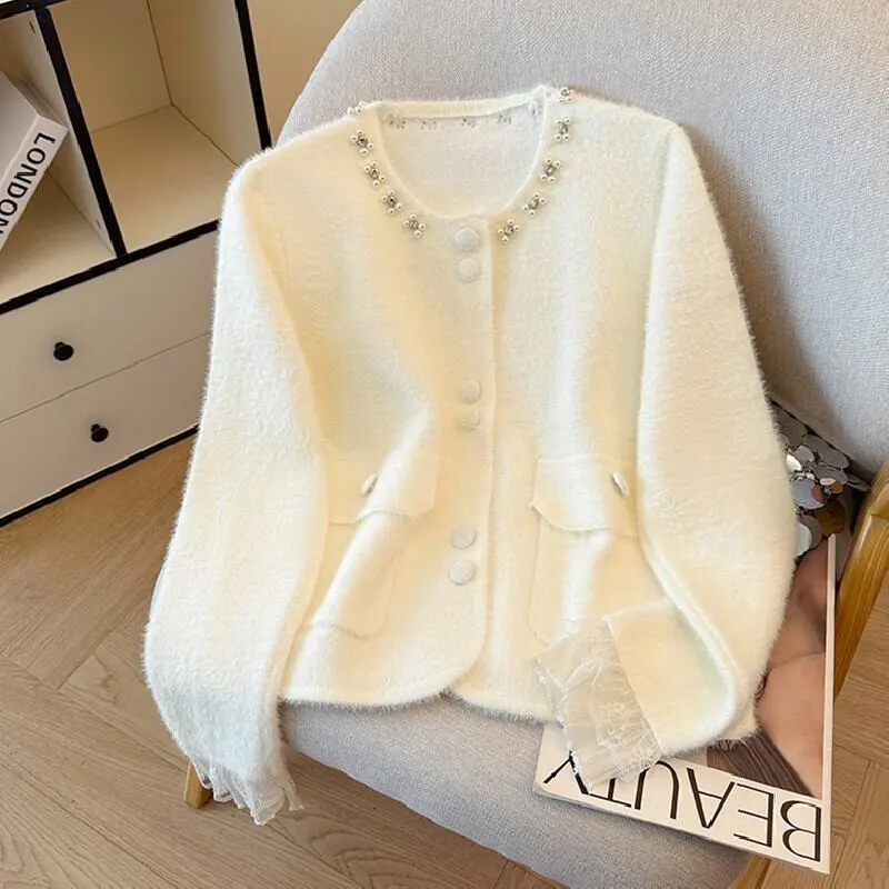 4colors トップス セーター ミンク風 シングルブレスト ラインストーン