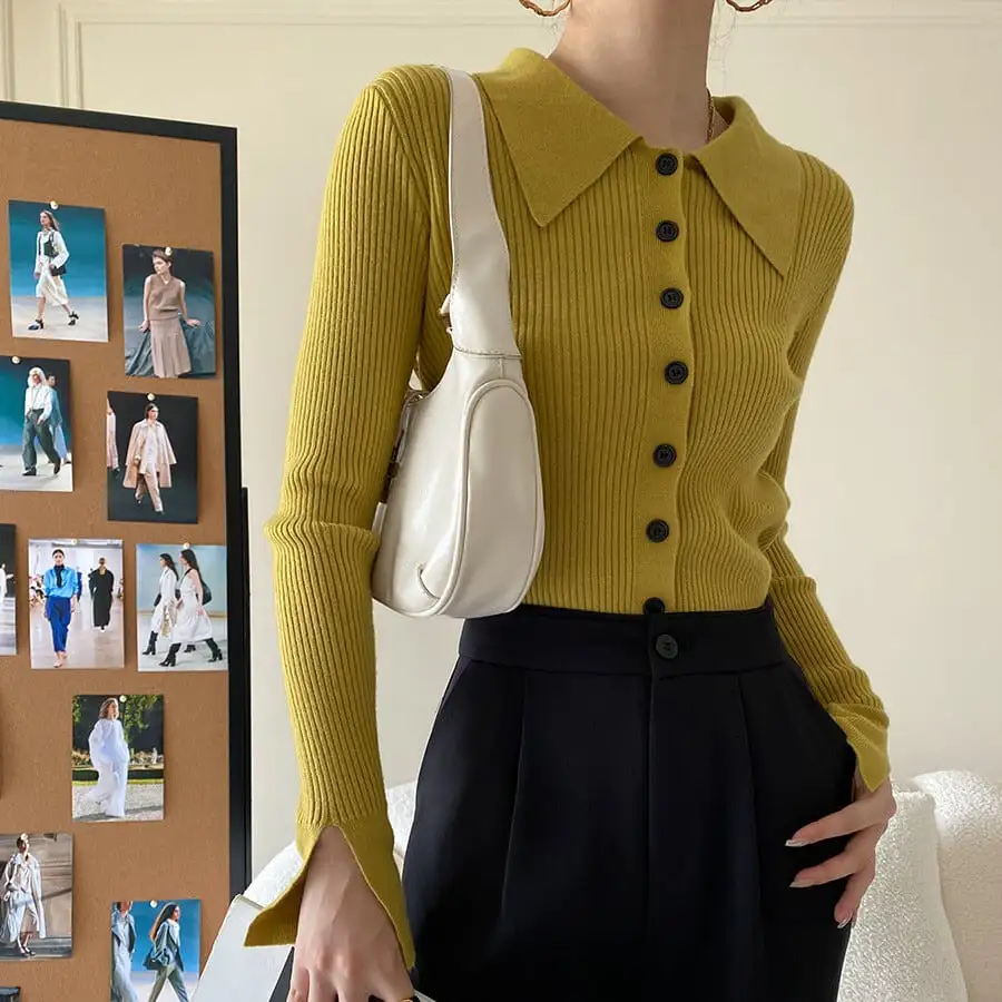 6colors トップス ニット 長袖 POLOネック シングルブレスト ベージュ ブラック パープル ブルー イエロー ピンク