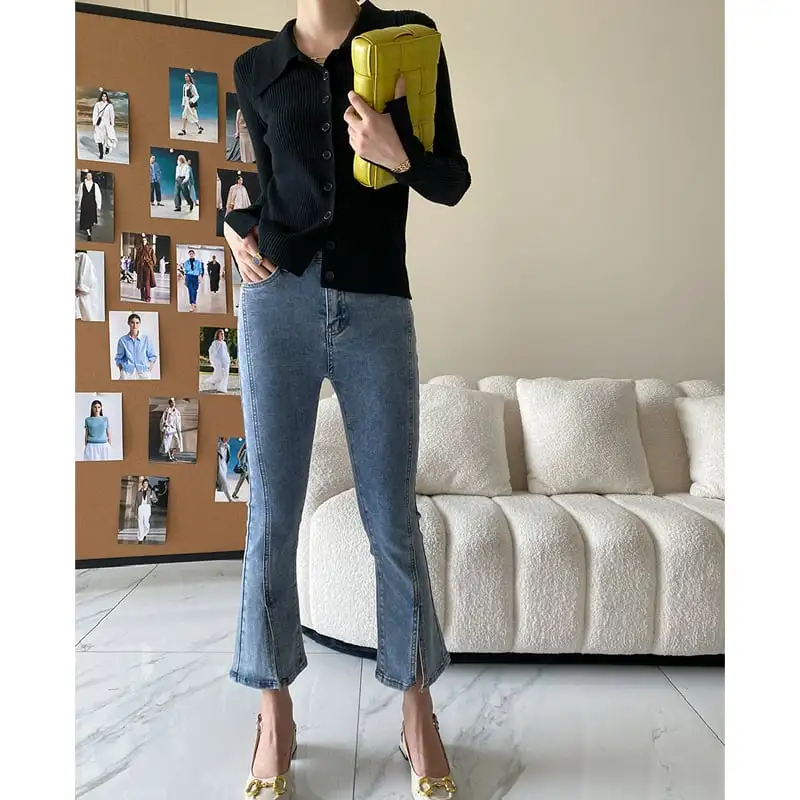 6colors トップス ニット 長袖 POLOネック シングルブレスト ベージュ ブラック パープル ブルー イエロー ピンク