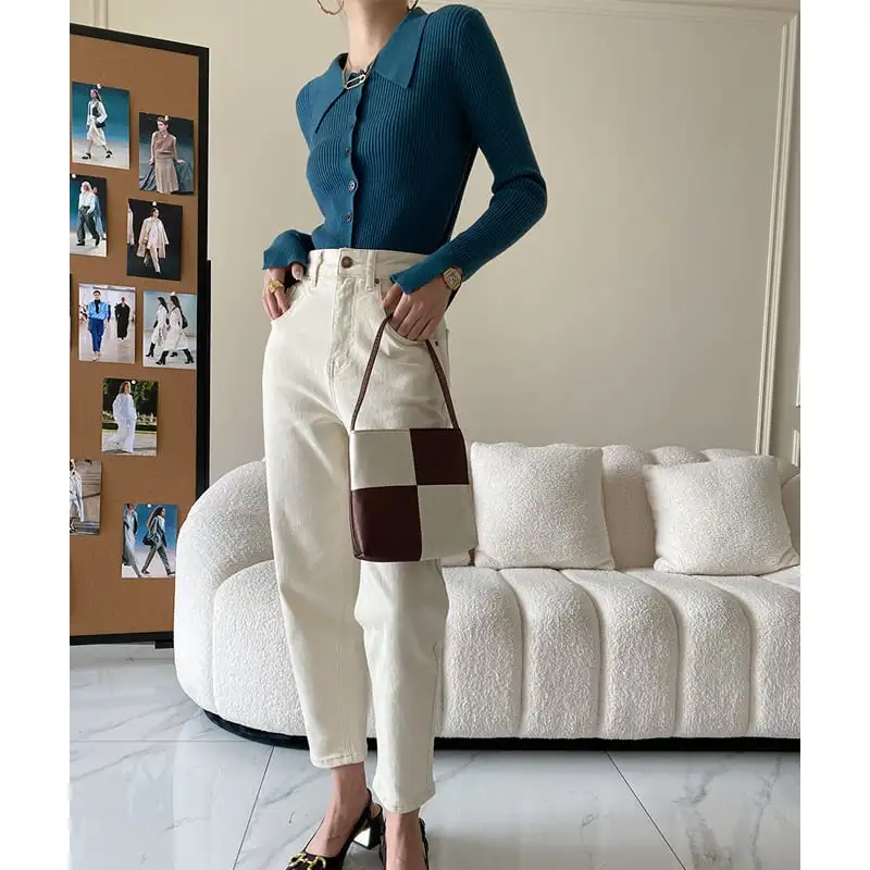 6colors トップス ニット 長袖 POLOネック シングルブレスト ベージュ ブラック パープル ブルー イエロー ピンク