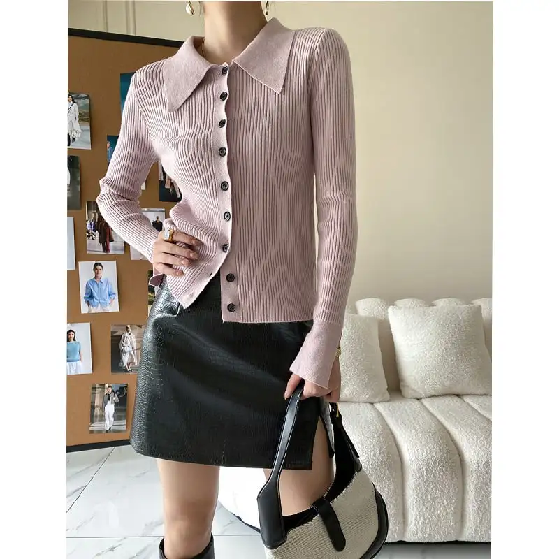 6colors トップス ニット 長袖 POLOネック シングルブレスト ベージュ ブラック パープル ブルー イエロー ピンク