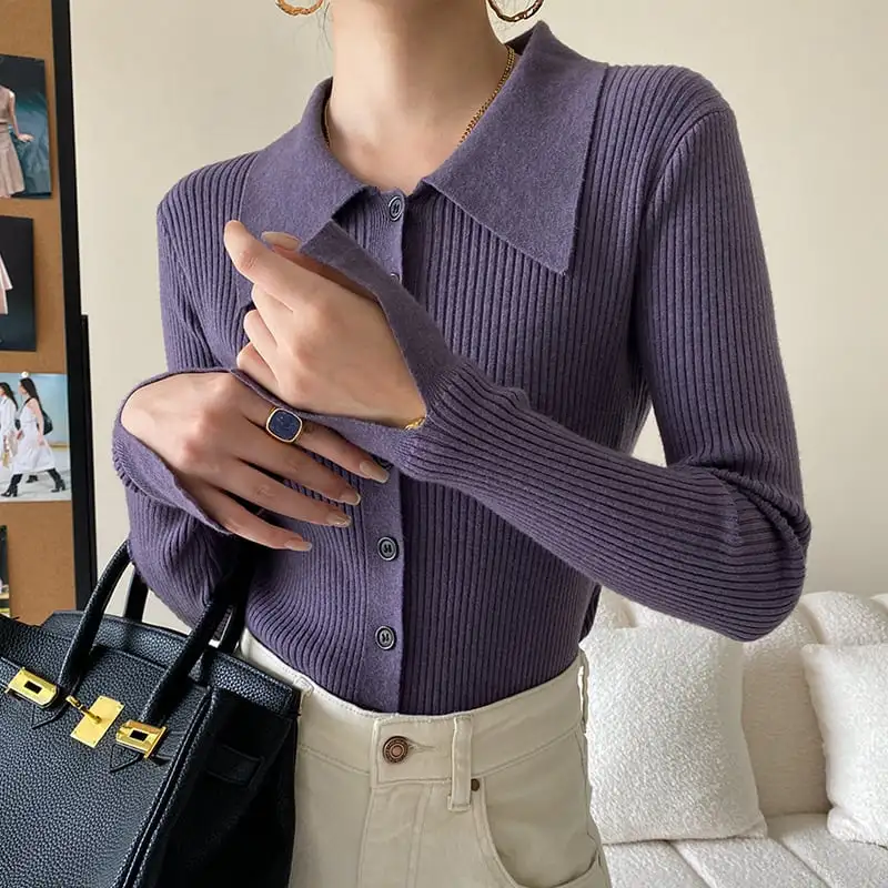 6colors トップス ニット 長袖 POLOネック シングルブレスト ベージュ ブラック パープル ブルー イエロー ピンク