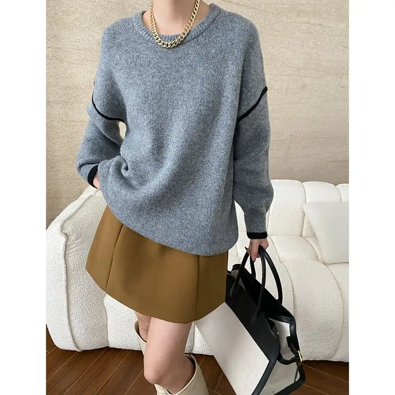 トップス ニットセーター 長袖 ラウンドネック 配色 ゆるい