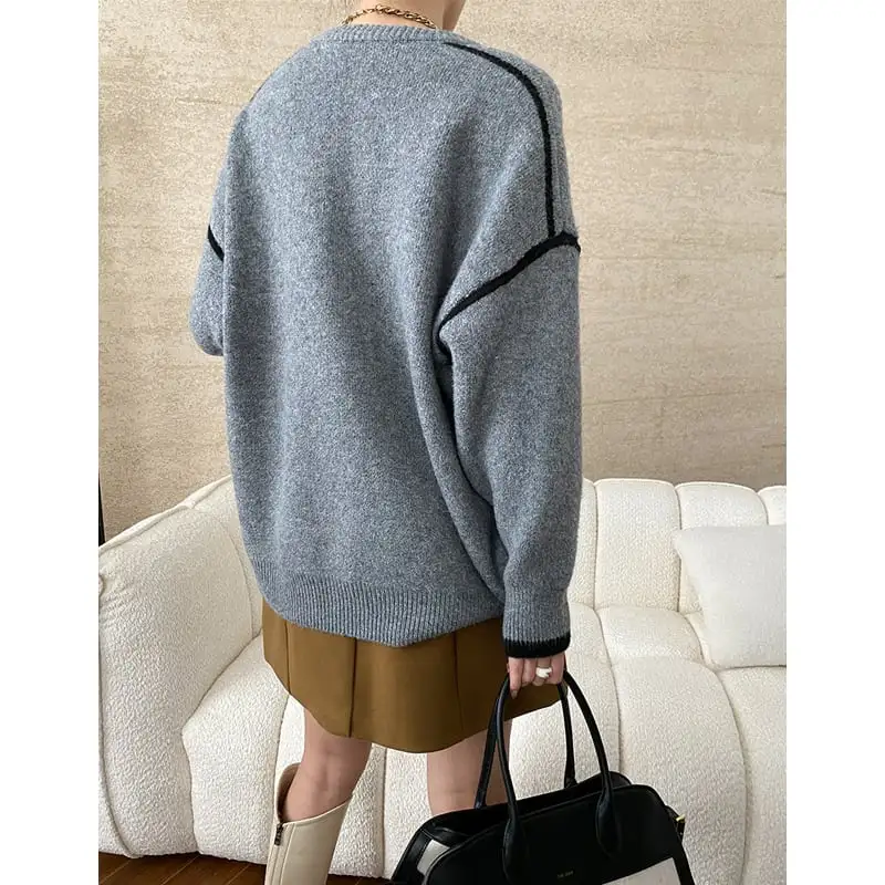 トップス ニットセーター 長袖 ラウンドネック 配色 ゆるい