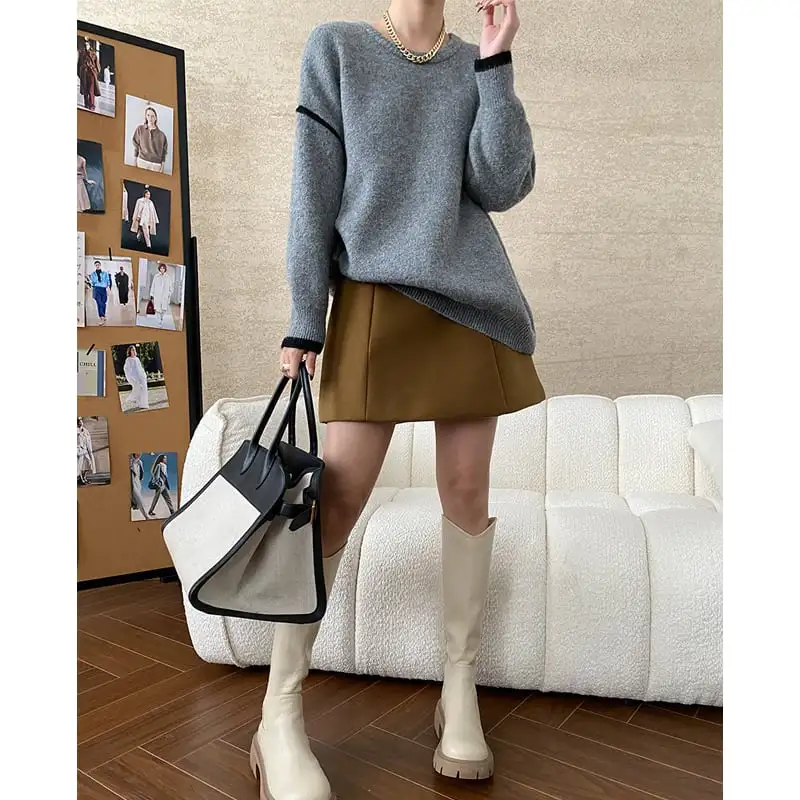 トップス ニットセーター 長袖 ラウンドネック 配色 ゆるい