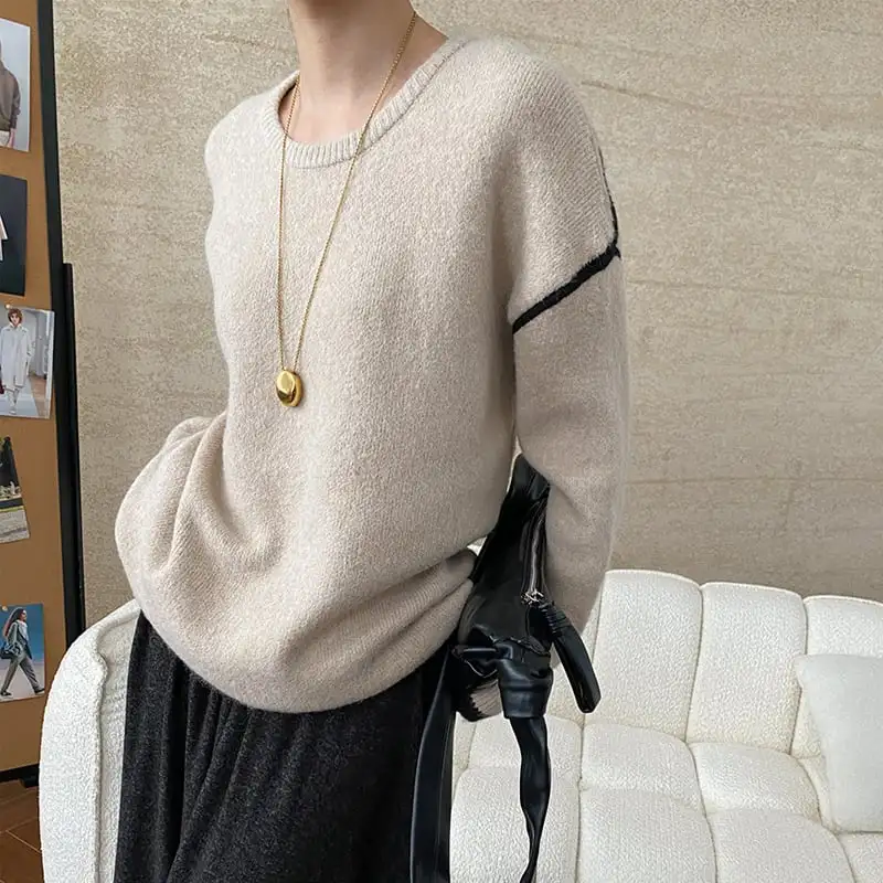 トップス ニットセーター 長袖 ラウンドネック 配色 ゆるい