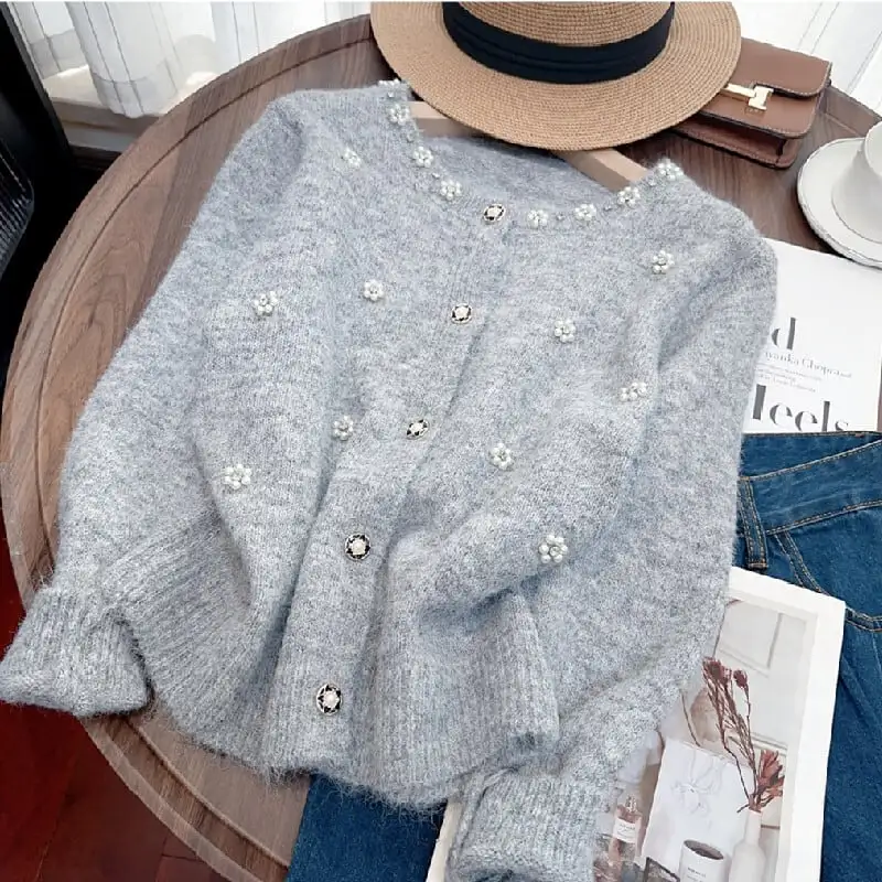 トップス セーター 3色展開 パール飾り 長袖 エレガント