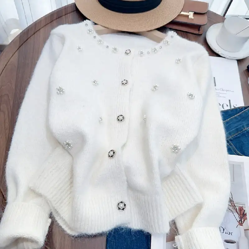 トップス セーター 3色展開 パール飾り 長袖 エレガント