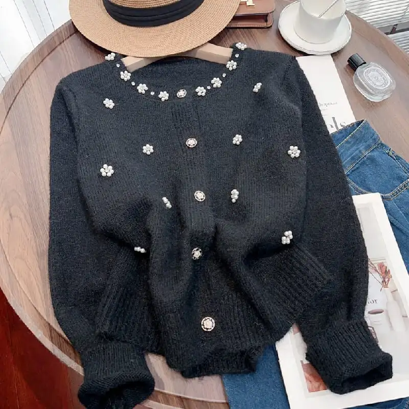 トップス セーター 3色展開 パール飾り 長袖 エレガント