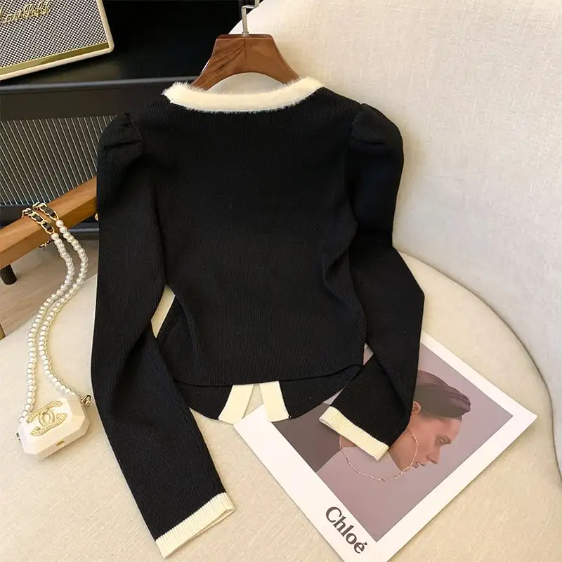 トップス セーター 2色展開 スクエアネック 配色 ブラック ベージュ S M L