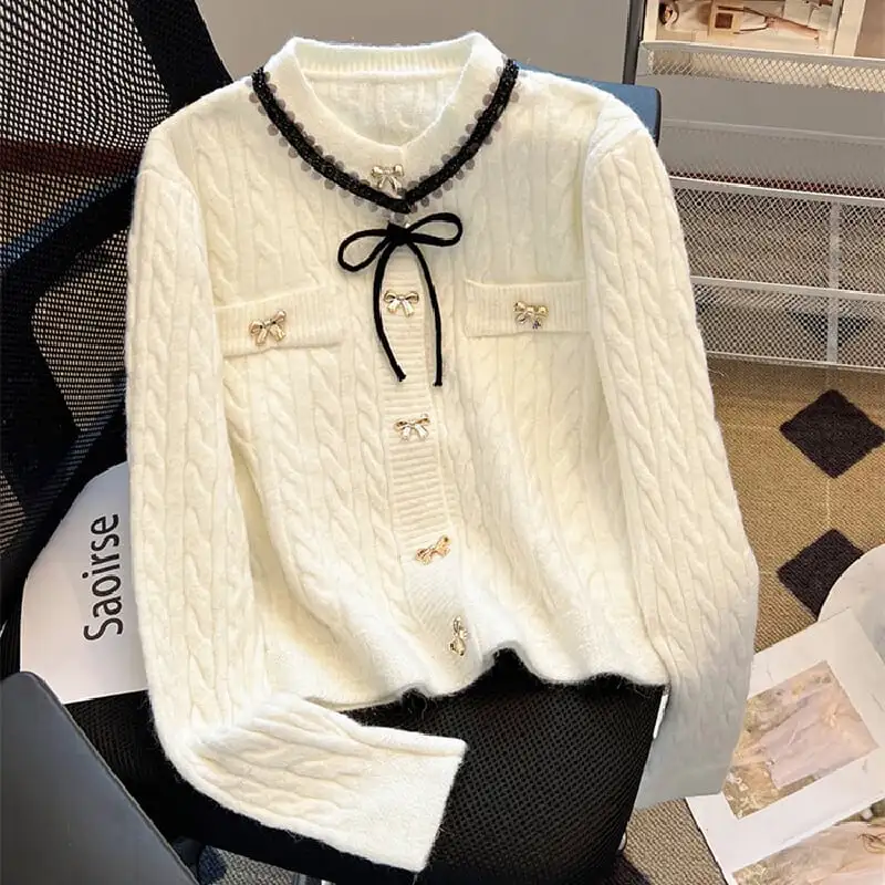 トップス セーター 2色展開 ニット 蝶結び 長袖 ホワイト レッド