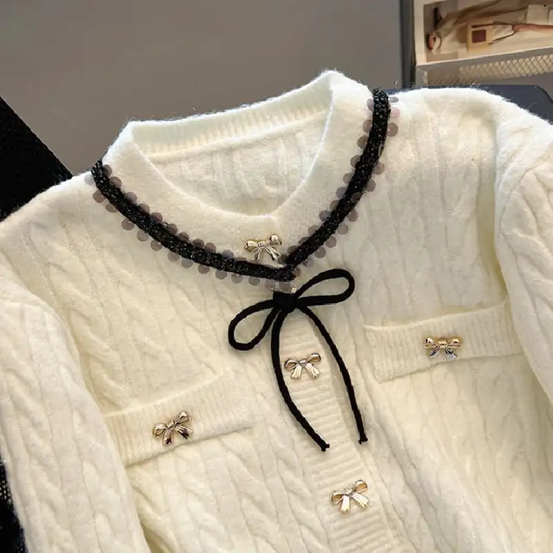 トップス セーター 2色展開 ニット 蝶結び 長袖 ホワイト レッド