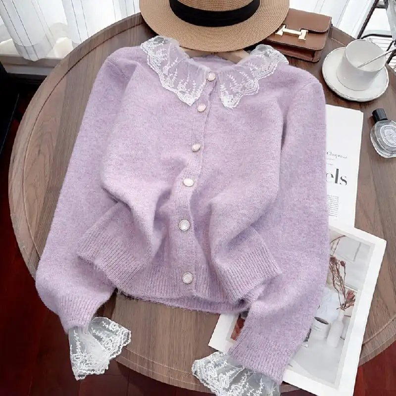 トップス セーター ニット 3色展開 レース ホワイト パープル グレー