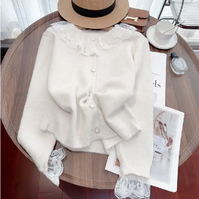 トップス セーター ニット 3色展開 レース ホワイト パープル グレー