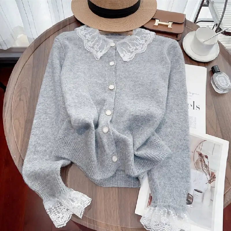 トップス セーター ニット 3色展開 レース ホワイト パープル グレー