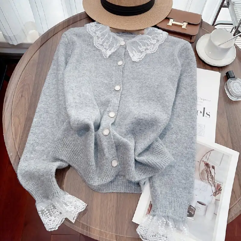 トップス セーター ニット 3色展開 レース ホワイト パープル グレー