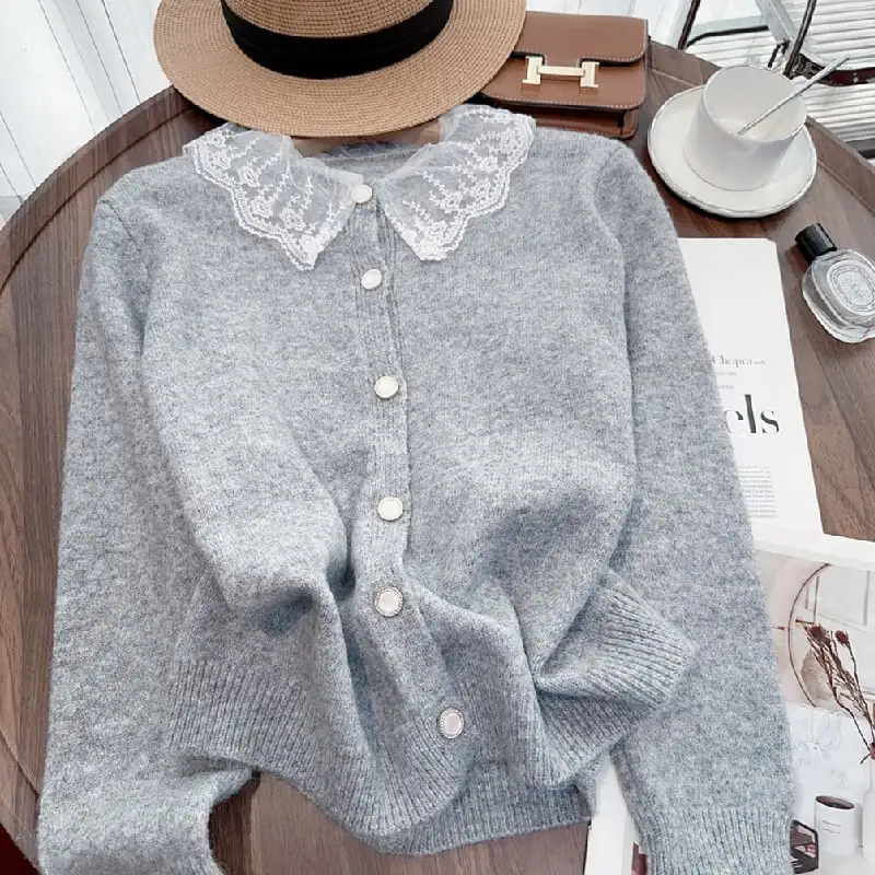 トップス セーター ニット 3色展開 レース ホワイト パープル グレー