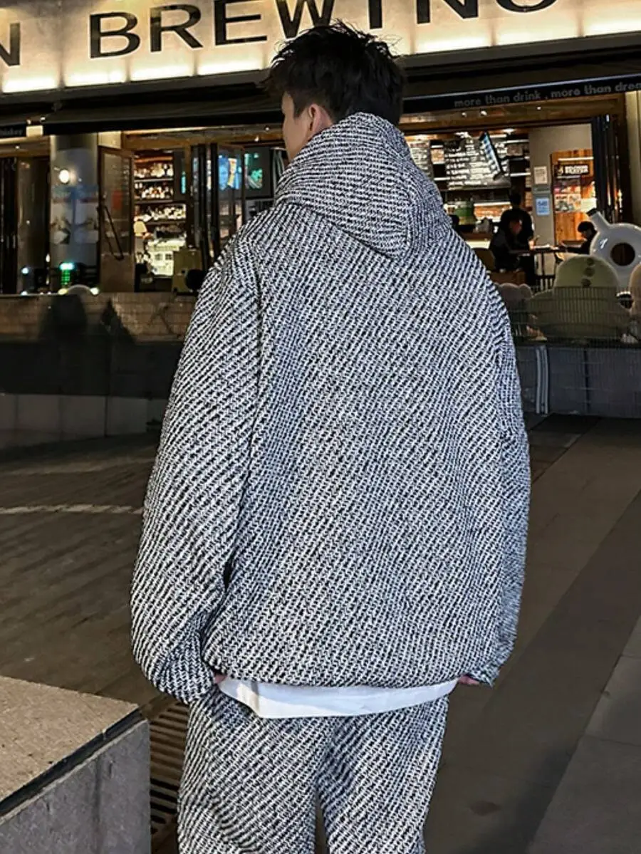 スウェットセットアップ 千鳥格 フード付き ポケット付き 長袖 パーカー ロングパンツ ワイドパンツ セットアップ