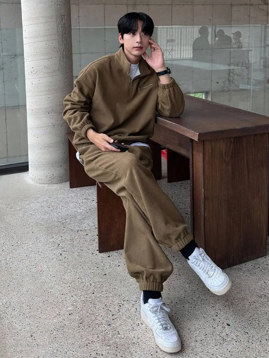 ハーフジップ テクスチャー生地 プルオーバーパーカー セット