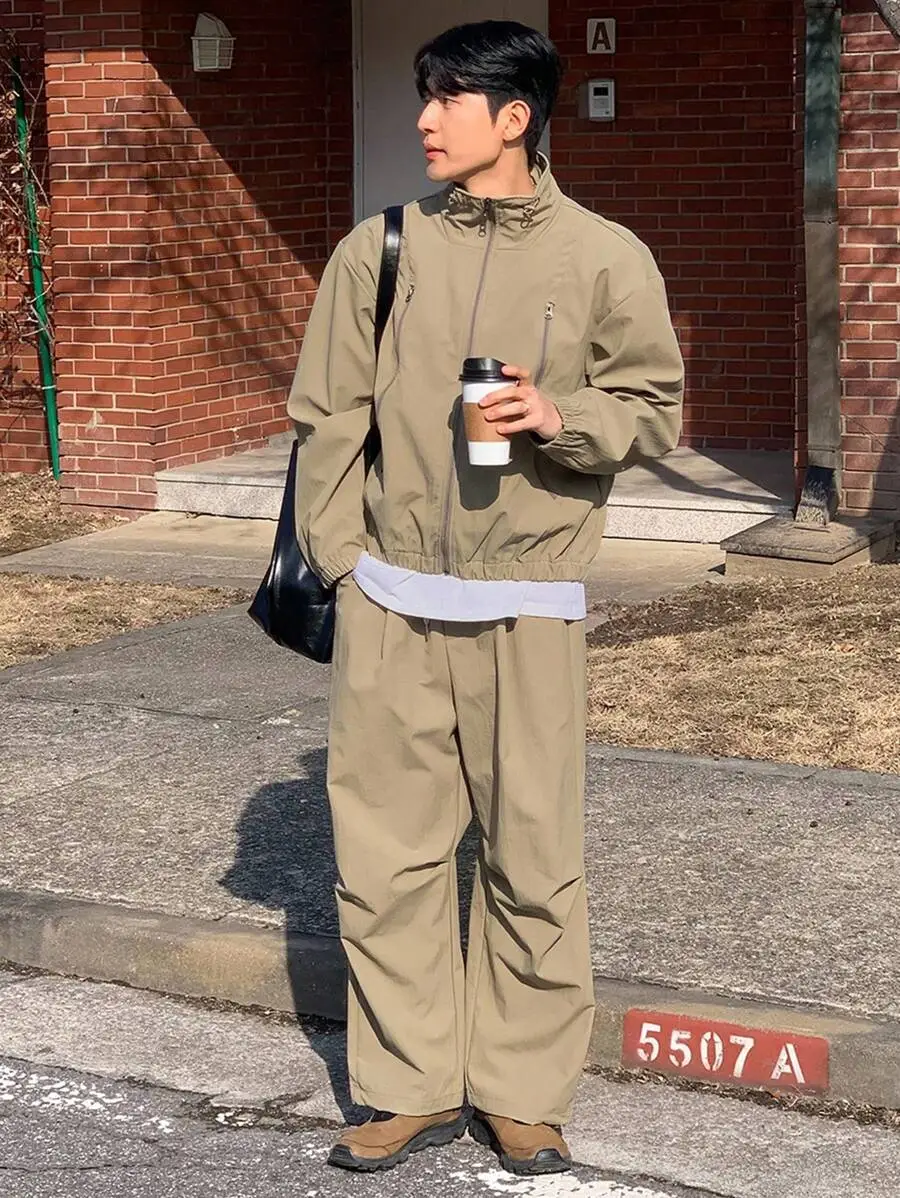 カーキ無地 ユーティリティスタイル メンズジャケット セット