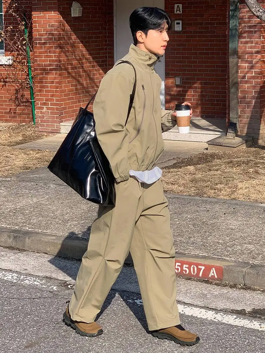 カーキ無地 ユーティリティスタイル メンズジャケット セット