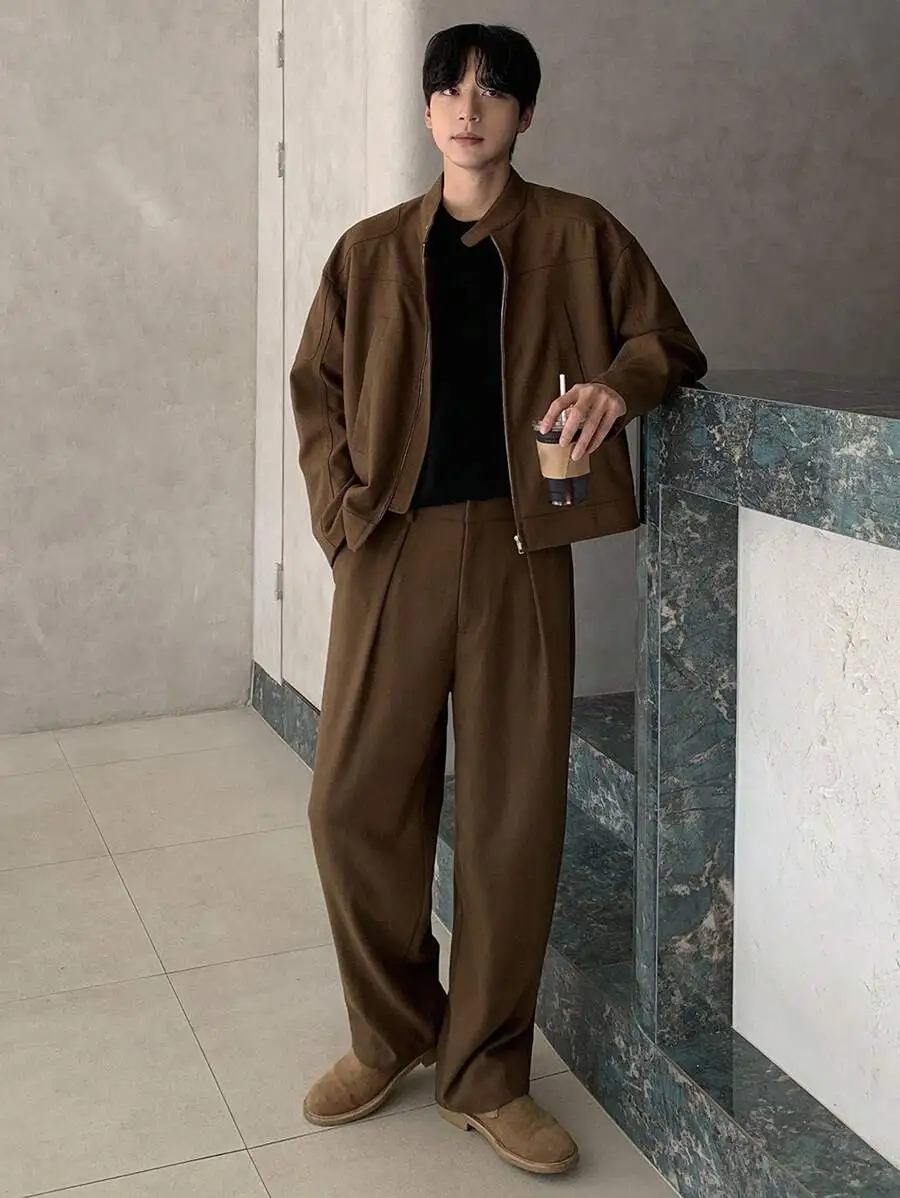 ソリッドカラー ブラウン ショートトップ ストリートスタイル ジャケット ボトムス セットアップ