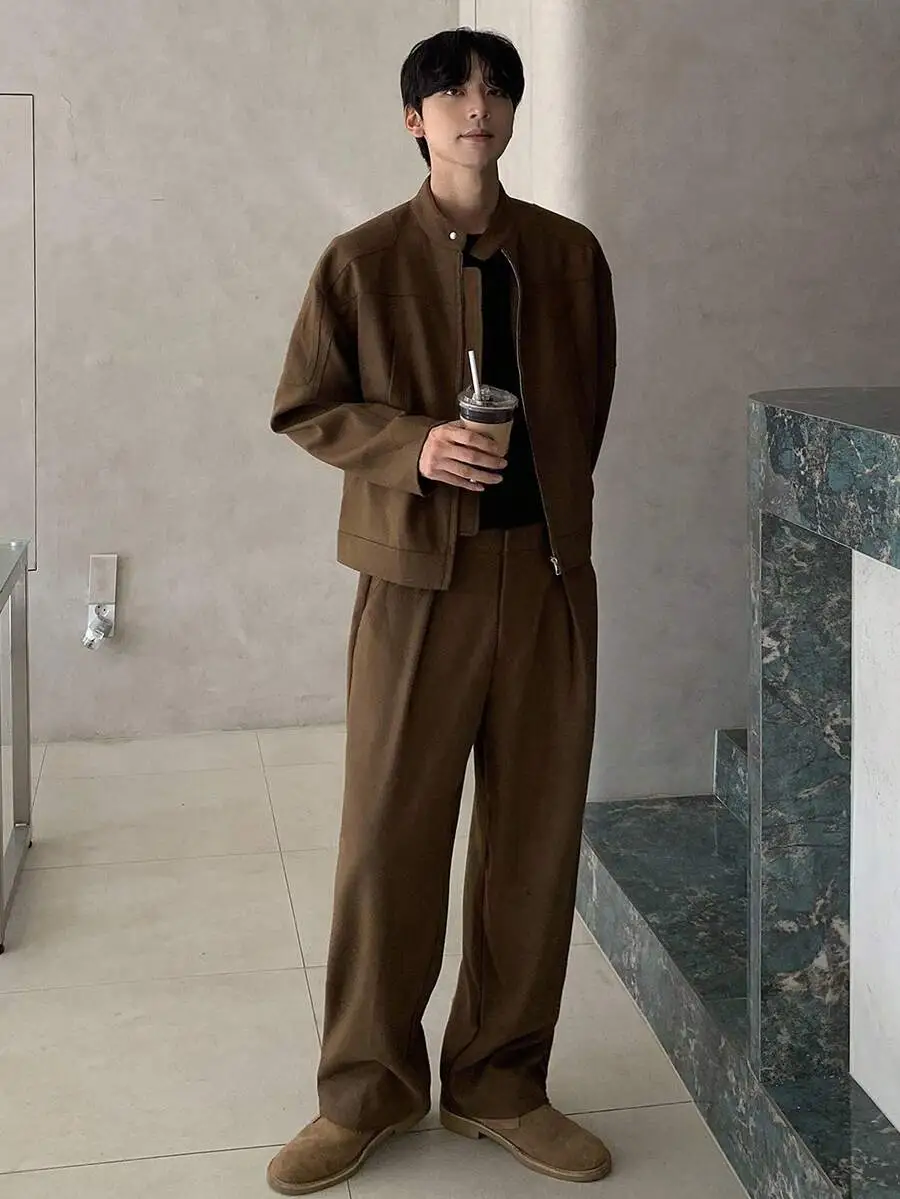 ソリッドカラー ブラウン ショートトップ ストリートスタイル ジャケット ボトムス セットアップ