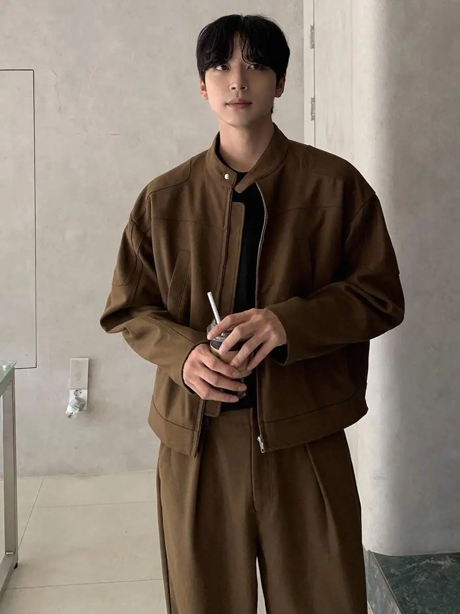 ソリッドカラー ブラウン ショートトップ ストリートスタイル ジャケット ボトムス セットアップ