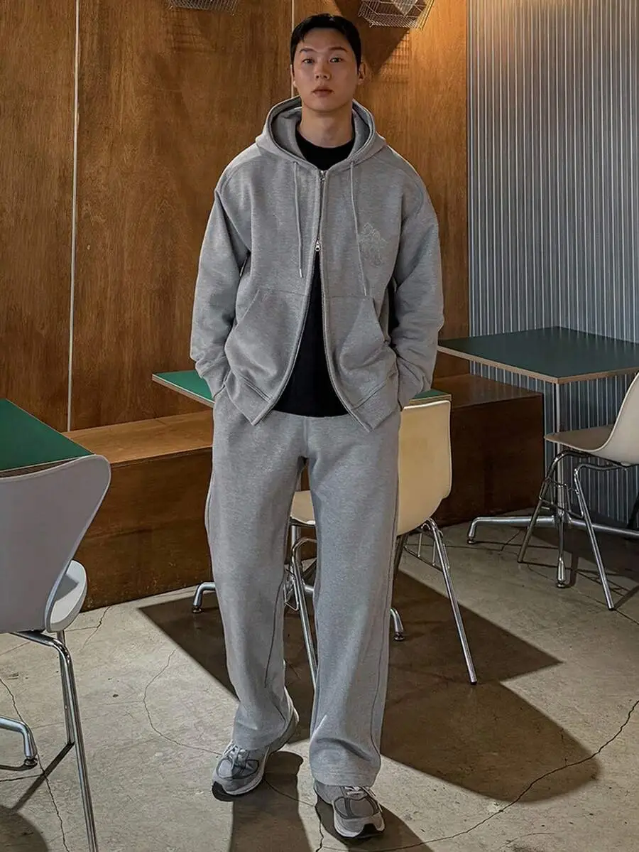 アップリケ刺繍デザイン グレー ジップアップ パーカー セット