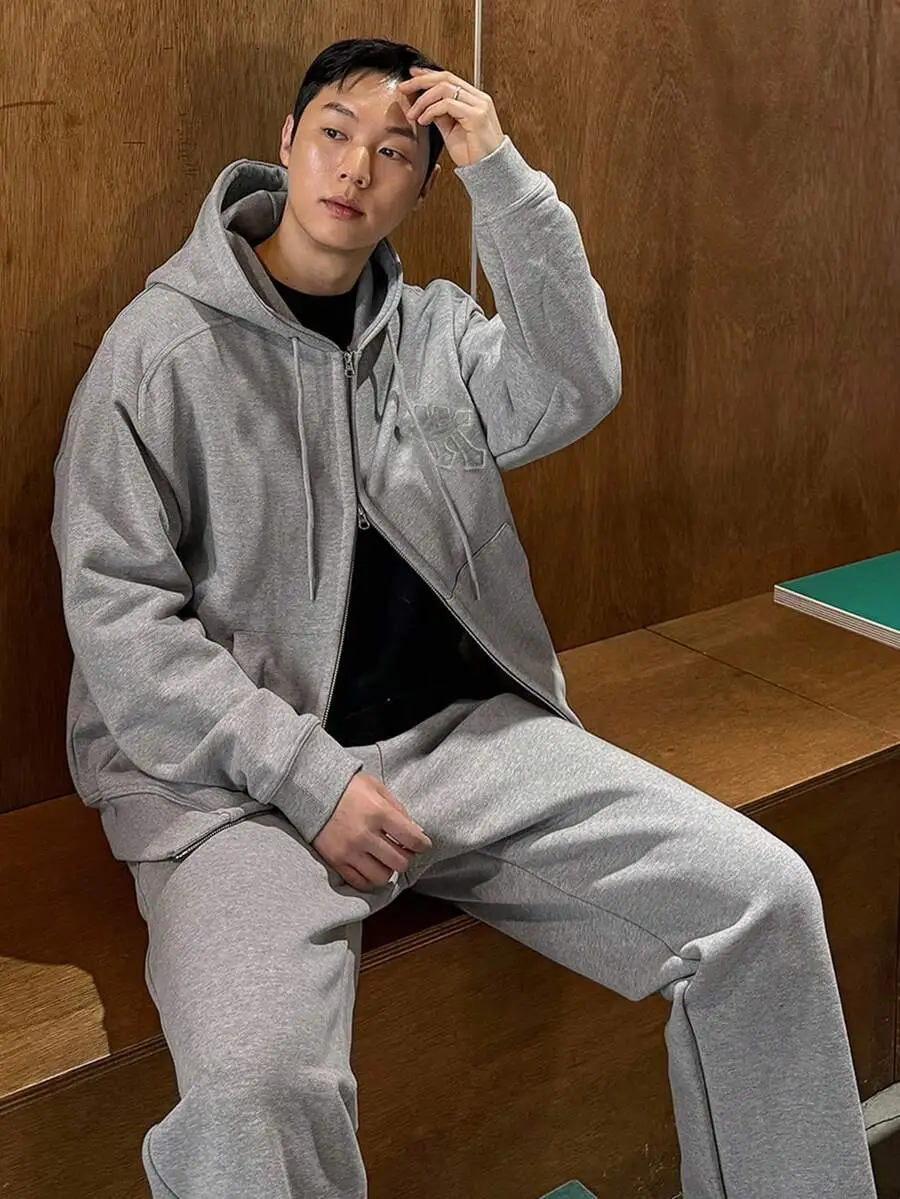 アップリケ刺繍デザイン グレー ジップアップ パーカー セット