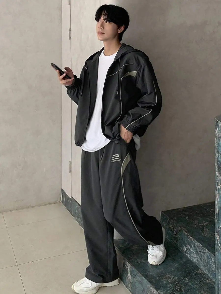 パッチワーク カラーブロック装飾 ラインとレター刺繍 ストリートウェア ジャケット セット